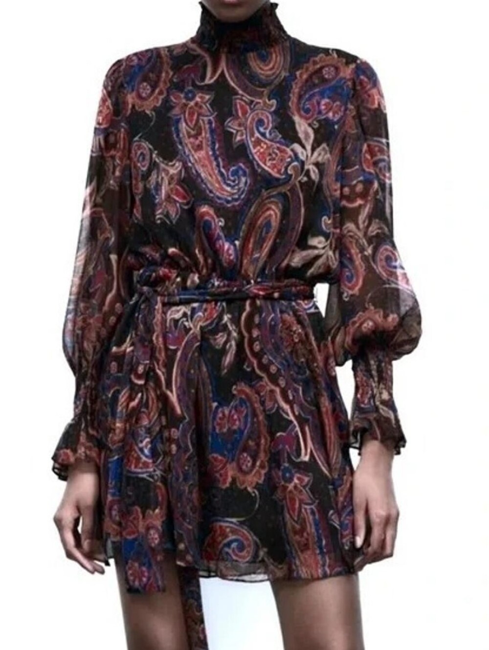 ZARA Navy Boho Floral Print Chiffon Ruffle Trim Peasant Mini Dress - Size S